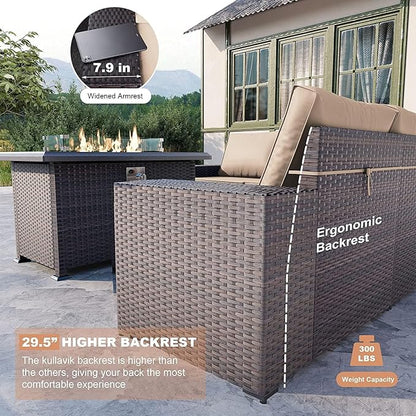 Kullavik 13 Pieces Outdoor Patio Furniture Set with 43" 55000BTU Gas Propane Fire Pit Table PE Wicker Rattan Sectional Sofa Patio Conversation Sets,Sand