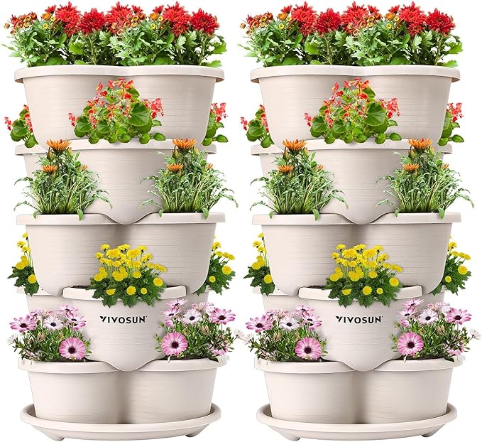 VIVOSUN 2-Pack 5 Tier Vertical Gardening Stackable Planter for Strawberries, Flowers, Herbs, Vegetables, Ivory