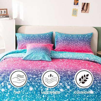 RYNGHIPY 6Pcs Gradient Glitter Comforter Sets for Teen Girls Full Size, Colorful Rainbow All-Season Coverlet Set, Ultra Soft Bedding Collections