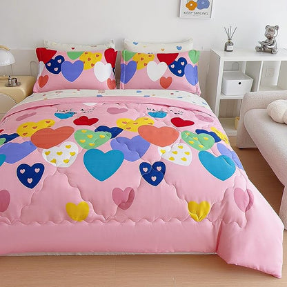 7 Piece Kids Pink Heart Bedding Sets Twin Comforter Set with Sheets - Colourful Reversible Heart Shaped Cute Bedding for Girls Kids - Love Quilt Bed in a Bag All Season