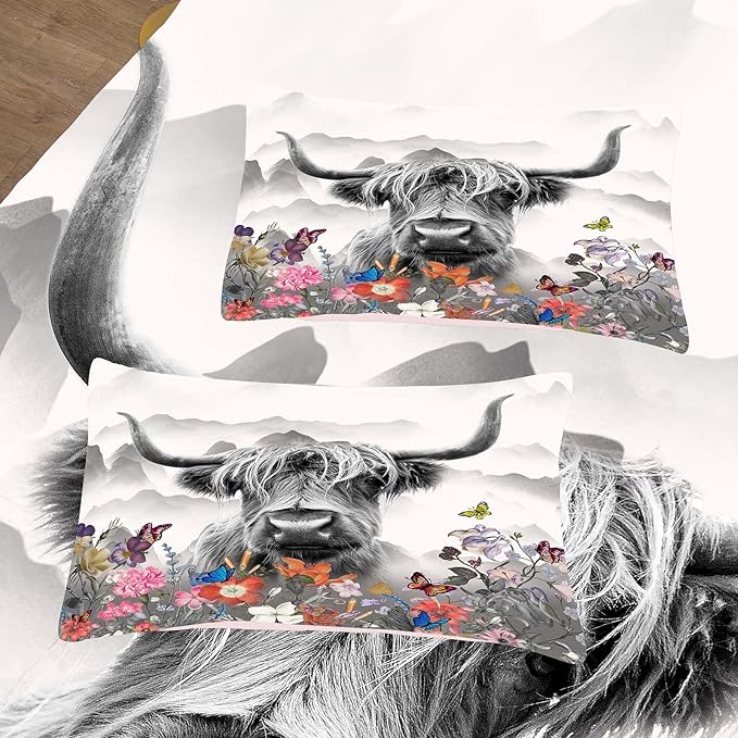 Tailor Shop Highland Cow Comforter Sets Queen Size,Highland Cow Bedding for Teens Kids Man,Cattle Western Funny Animal Bedding Wildlife Farmhouse Bull Mountain Flower Comforter with 2 Pillowcase