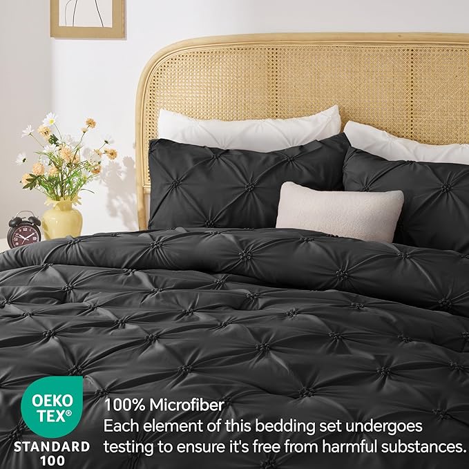 BEDELITE Black King Size Comforter Set - 3 Pieces Boho Pintuck Bedding Comforter Sets, Lightweight Soft & Warm King Bedding Set with 2 Pillowcases for All Season