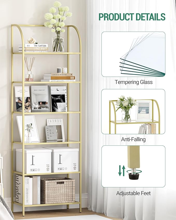 Bookcase Bookshelf, Tempered Glass Arched Bookshelf for More Storage, Slim Shelving Unit for Bedroom, Bathroom, Home Office, Steel Frame, Wide 6 Tier Gold BC22699G