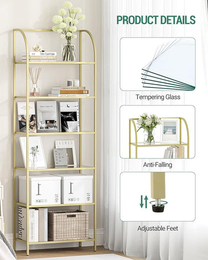 Bookcase Bookshelf, Tempered Glass Arched Bookshelf for More Storage, Slim Shelving Unit for Bedroom, Bathroom, Home Office, Steel Frame, Wide 6 Tier Gold BC22699G