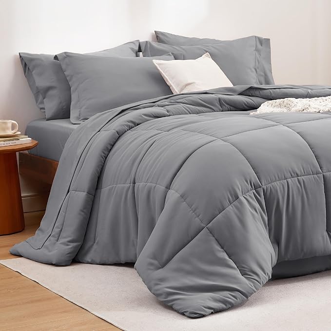 Bedsure King Size Comforter Set - 7 Pieces Solid King Bed Set, King Bed in a Bag Grey with Quilted Warm Fluffy Comforters, Sheets, Pillowcases & Shams
