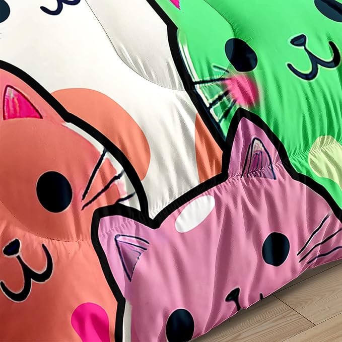 Cat Bedding Queen Size - Cat Comforter Set for Kids Girls Cartoon Cat Bedding Set Room Decor Teens Queen Comforter Sets for Girls, 1 Comforter+2 Pillowcases