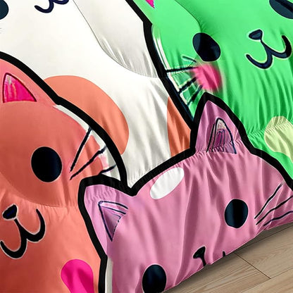 Cat Bedding Set - Full Size Comforter, 2 Pillowcases for Girls, Soft Breathable Polyester, Machine Washable, Cat Themed Bedding for Kids Room Decor, Birthday & Holiday Gift