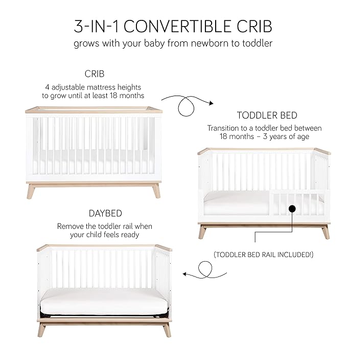 Babyletto Scoot 3-in-1 Convertible Crib with Toddler Bed Conversion Kit in White, Greenguard Gold Certified