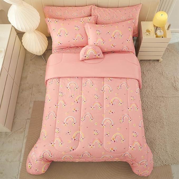 Mooreeke Full Size Comforter Sets for Girls Kids, 8 Pieces Bed in a Bag Pink Rainbow Flowers Bedding Comforter Sheet Set with Shams and Decorative Toy Pillow, Ultral Soft Microfiber Kids Bed Set