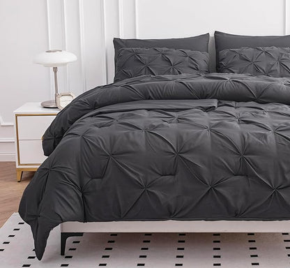 LANE LINEN King Size Comforter Set with Sheets, Pillowcases & Shams, 7 Piece Bed in a Bag Set King Size, Pintuck King Bed Comforter Set, Soft King Bedding Set, Pinch Pleated King Size Bed Set - Grey