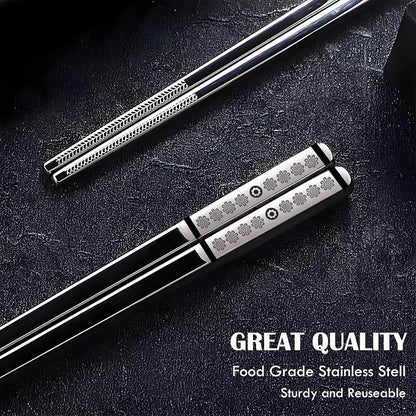 Metal Chopsticks Reusable,Stainless Steel,Dishwasher Safe,5 Pairs,Silvery | Gift Box Set,Square,Lightweight, Non-Slip,Laser Engraved Patterns No fade