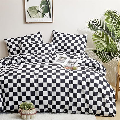 Black White Grid Comforter Set King Black Plaid Bedding Set Women Black and White Checkered Bed Comforter Set Breathable Blanket Set Men Durable Bedding Comforter Set