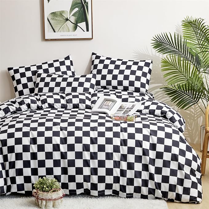 Black White Grid Comforter Set Twin Black Plaid Bedding Set Girls Black and White Checkered Bed Comforter Set Breathable Blanket Set Kids Durable Bedding Comforter Set