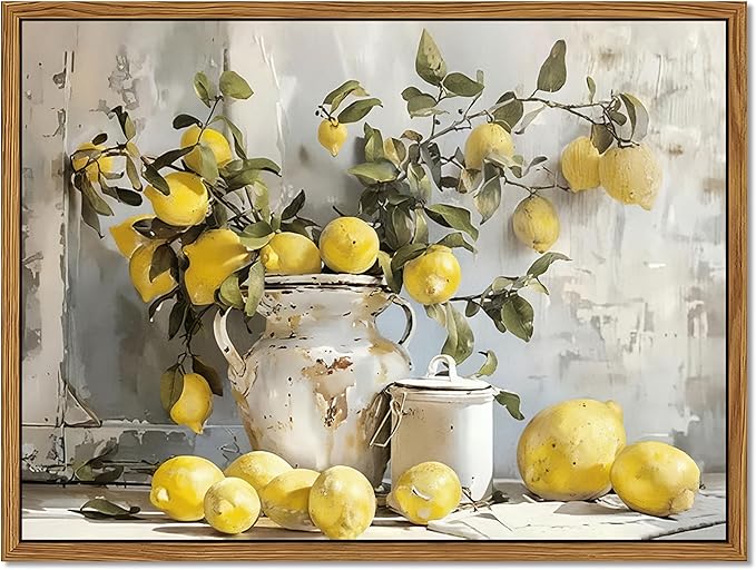 Framed Lemon Kitchen Wall Decor for Dining Room - Vintage Mustard French's Yellow Lemon Kitchen Wall Art, Rustic Oil Paintings Posters Prints for Bathroom Living Room Bedroom 12x16 inch