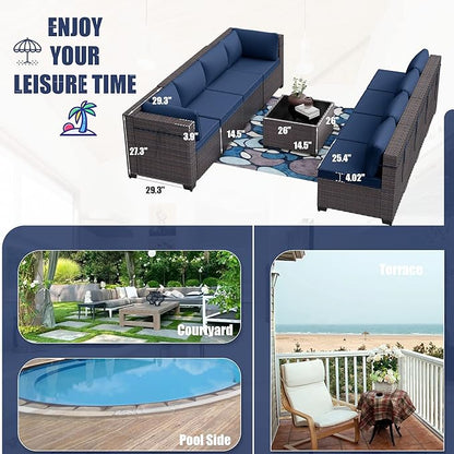 Patio Furniture Set 9-Pieces Outdoor Furniture for Backyard Wicker Sectional Sofa Set, Rattan Patio Conversation Set with Thickened Cushions and Glass Coffee Table, Navy Blue