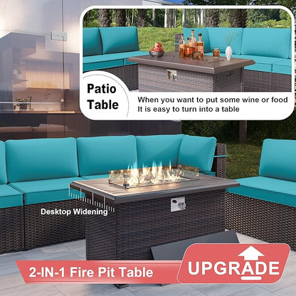 Patio Furniture Sectional Sofa Set 10-Pieces PE Rattan Patio Conversation Set w/43in Gas Fire Pit Table, Outdoor Furniture with 55000 BTU Propane Fire Pit, Blue