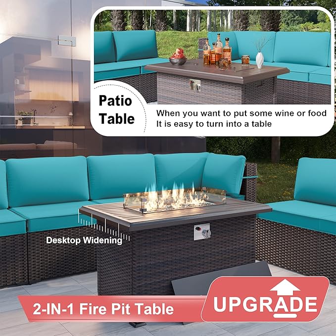 Patio Furniture Set with Fire Pit Table 13 PCS Outdoor Sectional Furniture Outdoor Rattan Patio Conversation Sets with 43in 55,000 BTU Propane Gas Fire Pit Table Glass Table, Blue