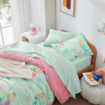 SLEEP ZONE Kids Bedding Comforter Set, Cute Pattern & Super Soft 2 Pieces Bedding Sets, All Season for Girls, 1 Comforter, 1 Pillowcase, Fade Resistant (Mermaid Princess, Twin)