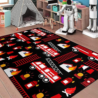 Car Play Rug Fire Fighting Truck Area Rug Car Rug Play Mat Kids Rugs for Playroomcar Rug for Boys Room Carpet Floor Mat for Bedroom Living Room,Black 2'5''×4'