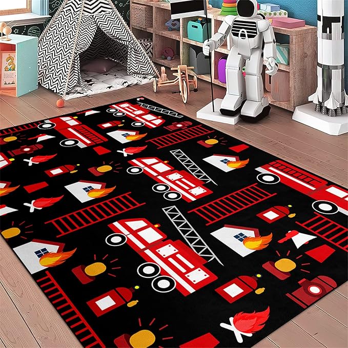 Car Play Rug Fire Fighting Truck Area Rug Car Rug Play Mat Kids Rugs for Playroomcar Rug for Boys Room Carpet Floor Mat for Bedroom Living Room,Black 4'×5'