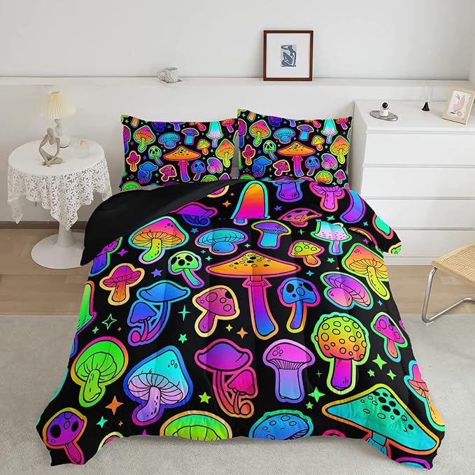 Mushroom Comforter Set Kids Bedding Set Full,3Pcs Colorful Soft Black Gradient Mushroom Quilt Set Bed in A Bag with 1 Comforter 2 Pillowcases for Kids Boys Girls Teens Adults Room Decor All Season