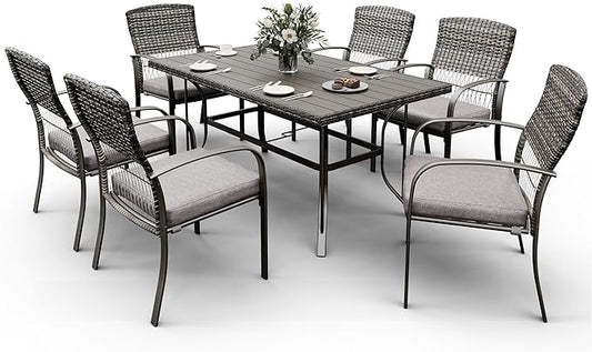Pamapic Patio Table and Chairs Set, All-Weather Rattan Outdoor Table and Chairs with Removable Waterproof Cushions, Plastic-Wood Patio Dining Set for 6 with Umbrella Hole(Gray)