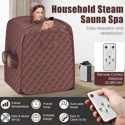 COSTWAY Portable Steam Sauna, Remote Control, 3L Steamer, Foldable Sauna Spa with 9 Temperature and 90 Mins Timer, Atomization, Personal Sauna Hat Tent for Detox Relaxation (Coffee)