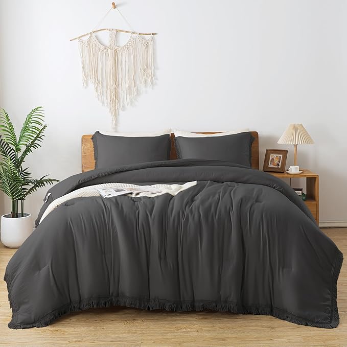 Andency Full Size Comforter Set Dark Grey, 3 Pieces Boho Lightweight Bedding Comforters & Sets, All Season Soft Tassel Bed Set (78x90In Comforter & 1 Pillowcase)