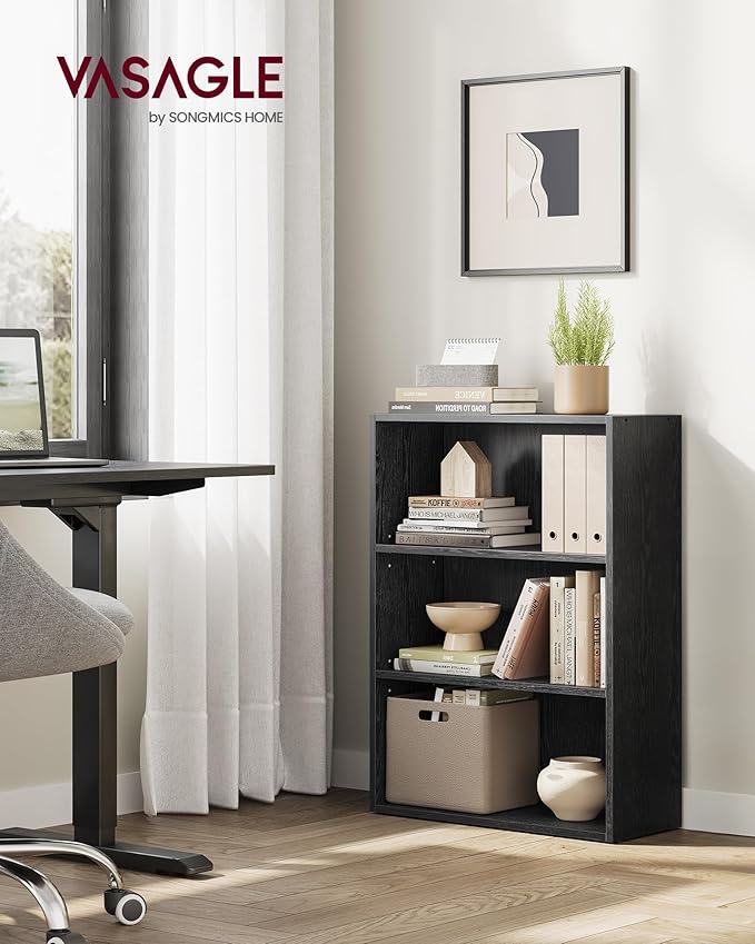 VASAGLE Bookshelf, 23.6 Inches Wide, 3-Tier Open Bookcase with Adjustable Storage Shelves, Floor Standing Unit, Ebony Black ULBC163T56