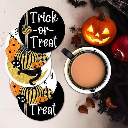 Coaster for Drinks Set of 6, Halloween Boo Black Cat Trick or Treat Spooky Pumpkin Bat Absorbent Round Ceramic Stone Mat, with Cork Base and Metal Holder, Gift for Housewarming Room Bar Decor