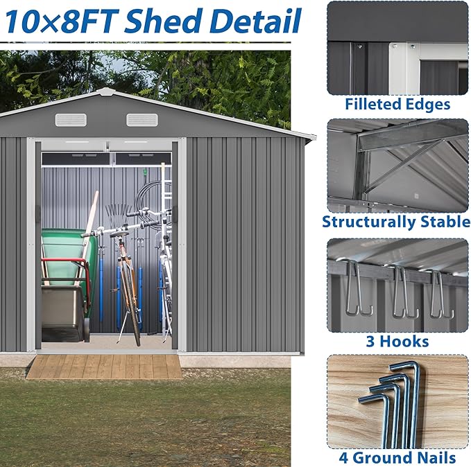 10X8 FT Outdoor Storage Shed, Metal Foundation & Lockable Doors, Tool Shed for Garden, Patio, Backyard, Lawn, Grey
