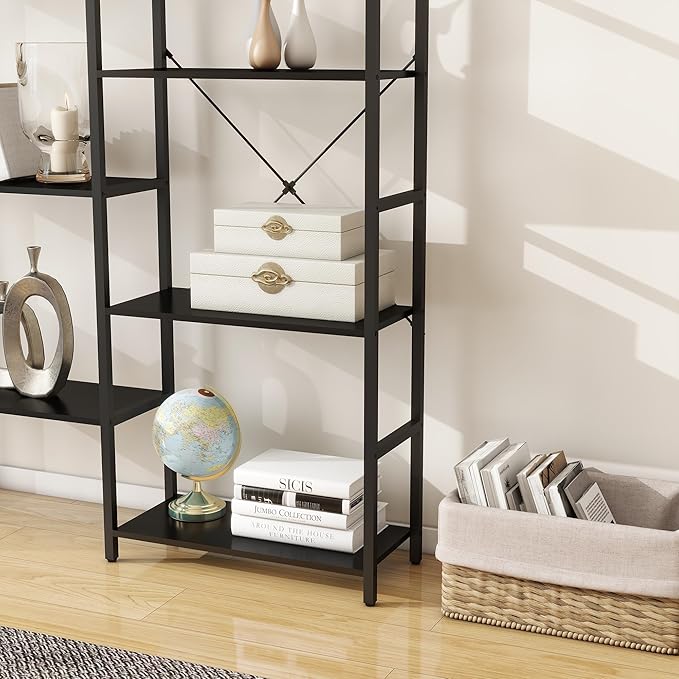 Panana Triple 4 tier bookshelf, Industrial Bookcase with 11 Open Display Shelves Wide Book Shelf Book Case with Metal Frame for Living Room Home Office (Black)