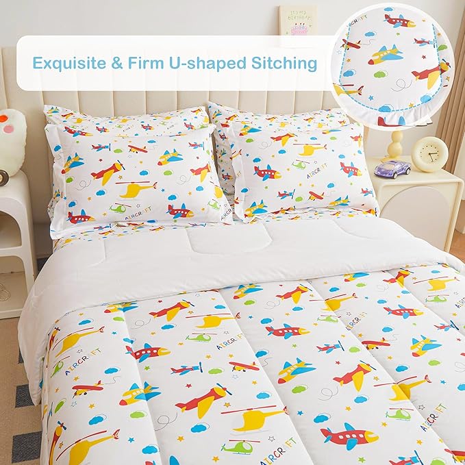Mooreeke Bed in a Bag for Kids Boys Teens, 7 Pieces Full Size Aircraft Print Comforter Bed Set with Shams, Sheet Set, Airplane White Super Soft Microfiber Kids Comforter Bedding Set