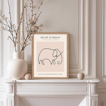Poster Master Vintage Poster - Retro One Line Elephant Drawing Print - Elephant Art - Minimal Gift for Men, Women, Animal Lover - Abstract Wall Decor for Home, Office, 11x14 Beige Framed