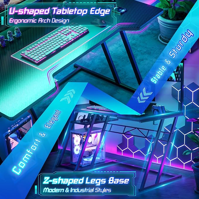 Gaming Computer Desk with Shelves and Outlets, Gaming Desk with Hutch and LED Lights, Reversible PC Gaming Desk with Pegboard, Carbon Fiber Black 47''