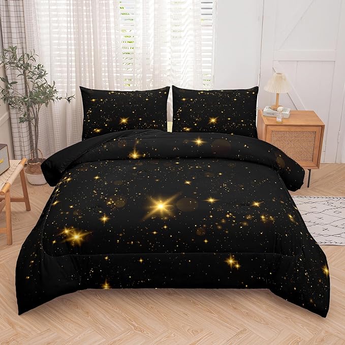 Tailor Shop Glitter Bedding Sets Full Size Black and Glod Comforter Sets for Kids Boys Teens Star Glitter Comforter Sets Twinkle Starlight Comforter Sets with 1 Comforter 1 Pillowcases