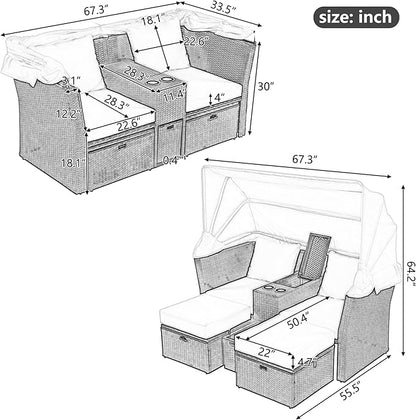 2-Seater Outdoor Patio Convertible Sunbed, All Weather Rattan Double Daybed Couch Foldable Awning, Cushions and Storage Boxes, Loveseat Sofa Set for Garden, Poolside, Balcony, Ab-Beige