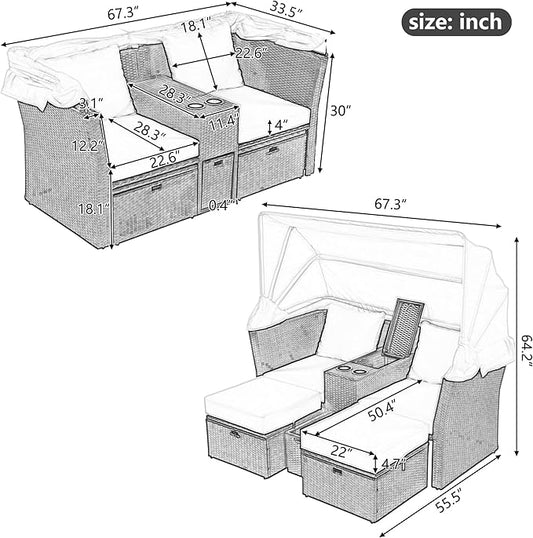 2-Seater Outdoor Patio Convertible Sunbed, All Weather Rattan Double Daybed Couch Foldable Awning, Cushions and Storage Boxes, Loveseat Sofa Set for Garden, Poolside, Balcony, Ab-Beige