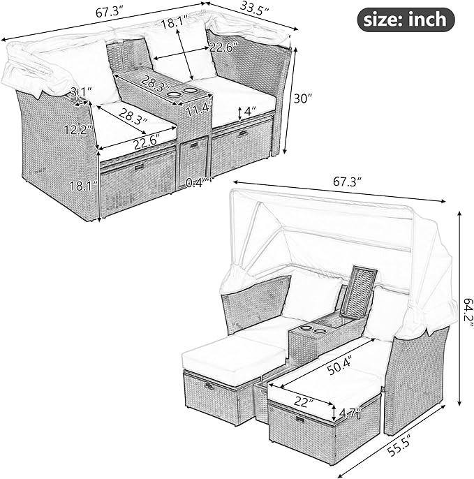 2-Seater Outdoor Patio Convertible Sunbed, All Weather Rattan Double Daybed Couch Foldable Awning, Cushions and Storage Boxes, Loveseat Sofa Set for Garden, Poolside, Balcony, Ab-Aa-Grey