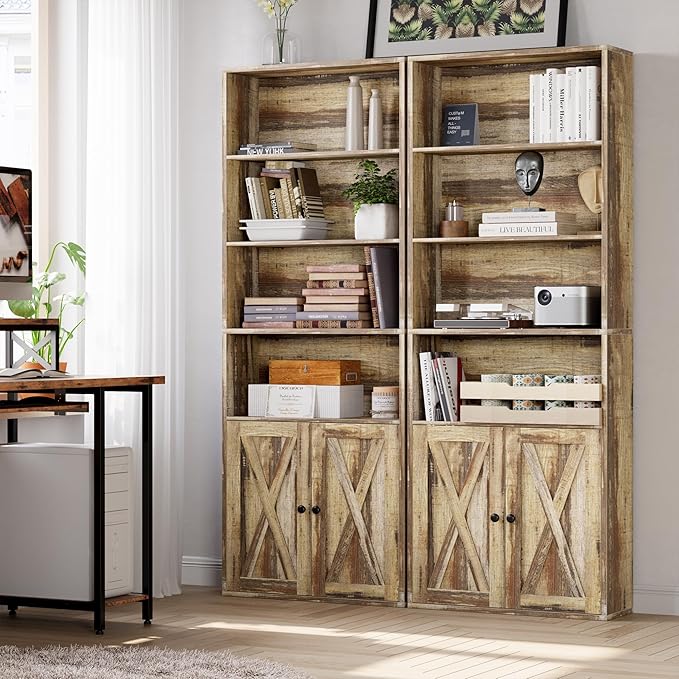 IRONCK Industrial Bookshelves and Bookcases with Doors Set of 2 Floor Standing 6 Shelf Display Storage Shelves 70 in Tall Bookcase for Home Office, Living Room