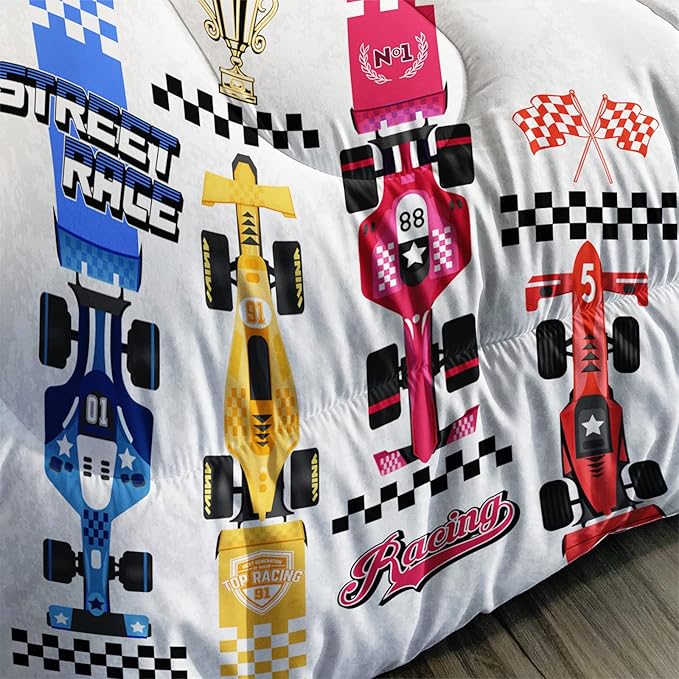 Axolotl Racing Car Comforter Set Twin Size,Colorful Sports Car Bedding Set for Kids Boys Teen Adult,Extreme Speed Race Bedding Sets Car Theme Bedroom Decor with 1 Comforter and 2 Pillowcases