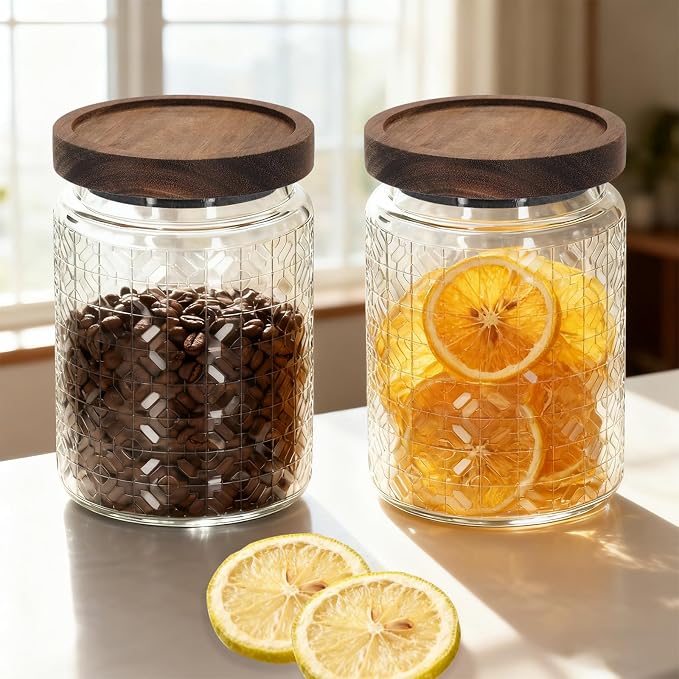 1Pc 24oz Window Style Vintage Glass Candy Jar with Solid Wood Lid, Kitchen Storage Canister for Sugar, Coffee, Tea, Cookies, Bath Salt - Decorative Mason Jar (1, Clear, 24oz)
