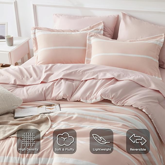 Bedsure Bed in a Bag King Size 7 Pieces, Light Pink White Striped Bedding Comforter Sets All Season Bed Set, 2 Pillow Shams, Flat Sheet, Fitted Sheet and 2 Pillowcases
