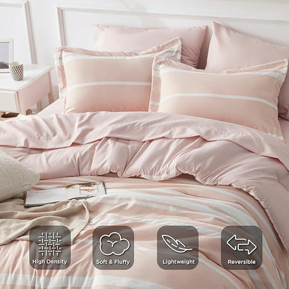 Bedsure Bed in a Bag King Size 7 Pieces, Light Pink White Striped Bedding Comforter Sets All Season Bed Set, 2 Pillow Shams, Flat Sheet, Fitted Sheet and 2 Pillowcases