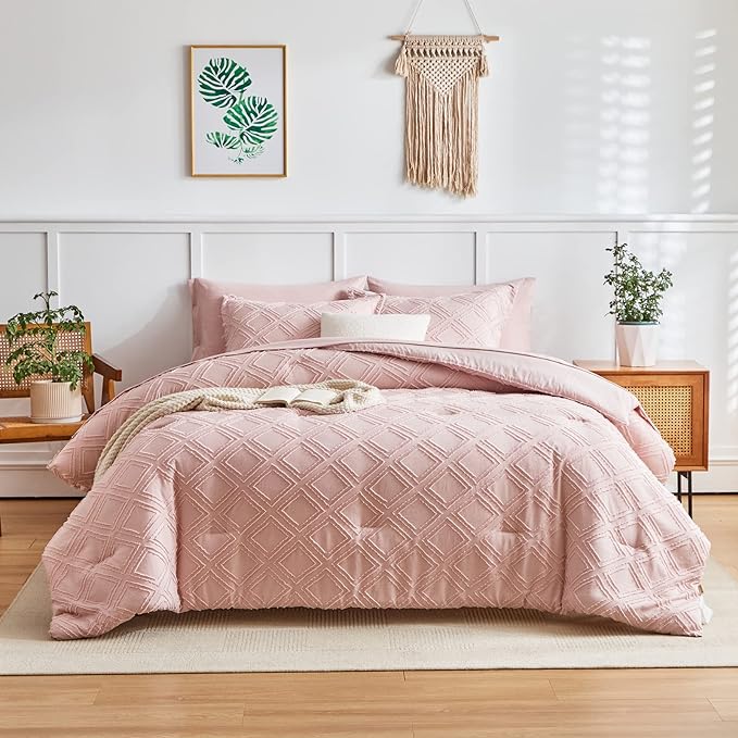 6 Pieces Tufted Bed in a Bag Twin Comforter Set with Sheets Blush, Soft and Embroidery Shabby Chic Boho Bohemian, Luxury Solid Color with Diamond Pattern, Jacquard Tufts Bedding Set for Kids Girls