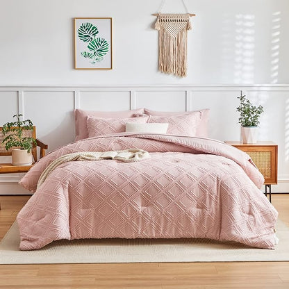6 Pieces Tufted Bed in a Bag Twin Comforter Set with Sheets Blush, Soft and Embroidery Shabby Chic Boho Bohemian, Luxury Solid Color with Diamond Pattern, Jacquard Tufts Bedding Set for Kids Girls