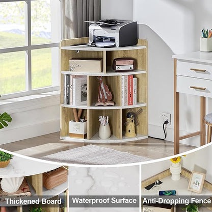 Vecelo Corner Cabinet with Charging Station, 3-Tier Cube Storage Organizer with USB Ports and Outlets, Triangle Bookcases Corner Shelf with 8 Cubbies for Playroom, Bedroom, Living Room, Marble White