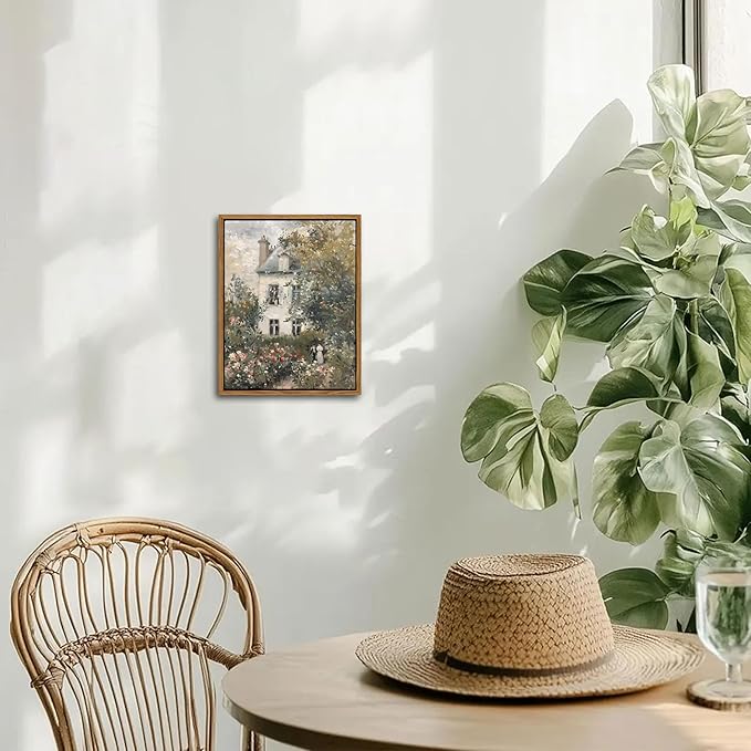 Floating Framed Canvas Vintage Wall Art, Neutral English Cottage Rose Garden Oil Paintings Print, Spring Pictures Wall Decor for Living Room Hallway Bedroom Office Rustic Decor 8x10 inch