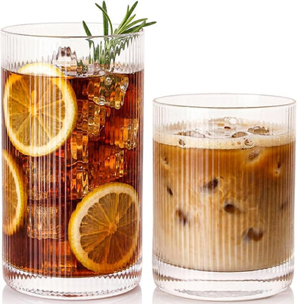 JOVGANK Drinking Glasses Set of 8 – Lead-Free Crystal Glassware, 4 Tall 15oz & 4 Short 10oz Vintage Ribbed Tumbler Glasses, Dishwasher Safe, for Juice Beer Cocktails, Great Housewarming Gift, Set A