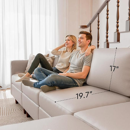 118.5" Faux Leather Modular Sectional Sofa with Storage Seat, Oversized 4 Seater Couch Deep Seat with Removable Cover Whitesand